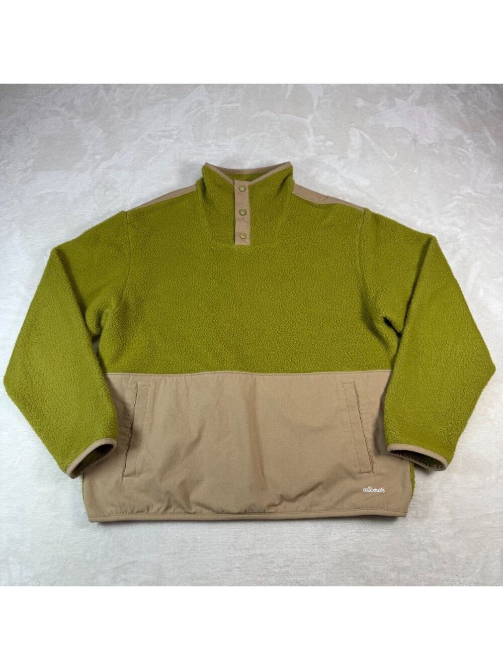 Allbirds Fluff Fleece Pullover Sweater Womens M Hazy Lime Green T Snap Beige Col